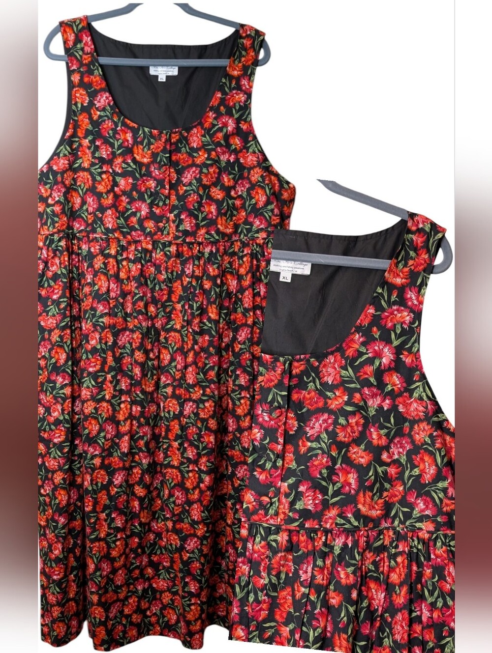 Handcrafted Black Red poppy Jumper overall Dress Sleeveless Midi pinafore sz XL